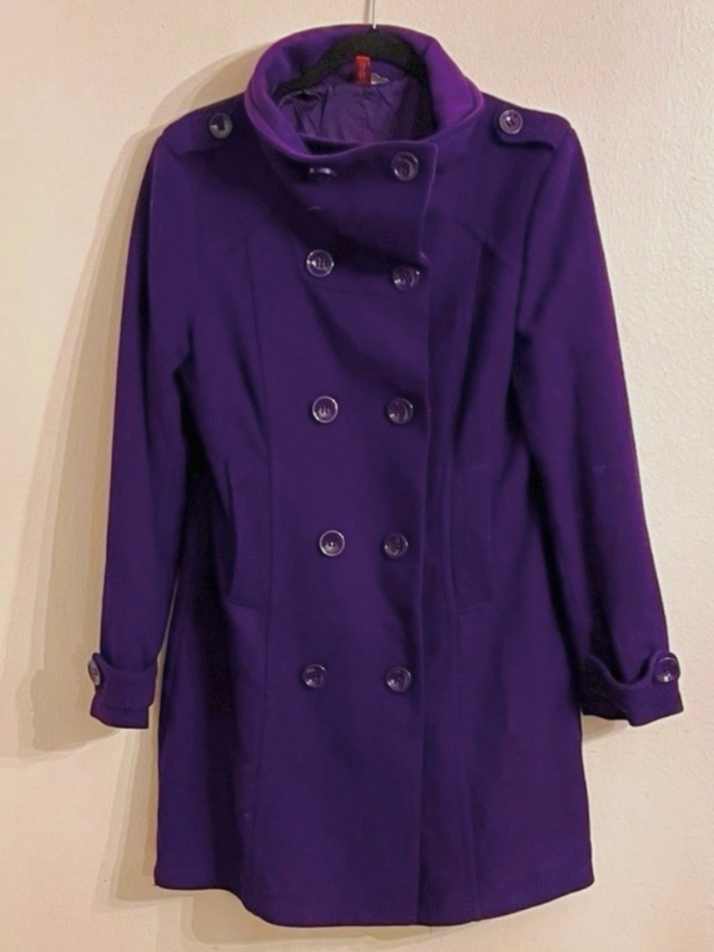 H&M Double-Breasted Deep Purple Long Funnel Neck Pea Coat - Large